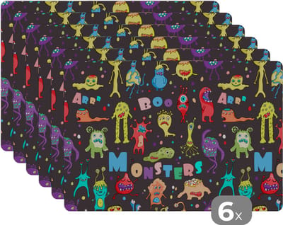Placemat - Placemats kunststof - Design - Monster - Feest - Kinderen - 45x30 cm - 6 stuks - Hittebestendig - Anti-Slip - Onderlegger - Afneembaar