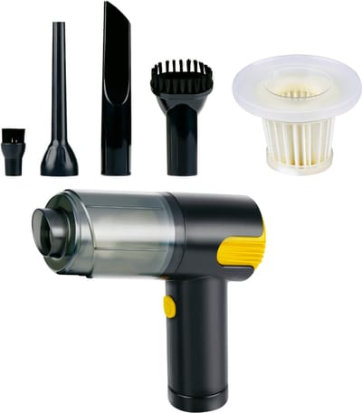 Dunlop Auto Stofzuiger Draadloos 12V - Handstofzuiger met 4 Opzetstukken - USB-C Oplaadbare Auto Stofzuiger Snoerloos - Kruimeldief Nat en Droog - 5000Pa Zuigkracht en Blaas Functie - Grijs/Geel