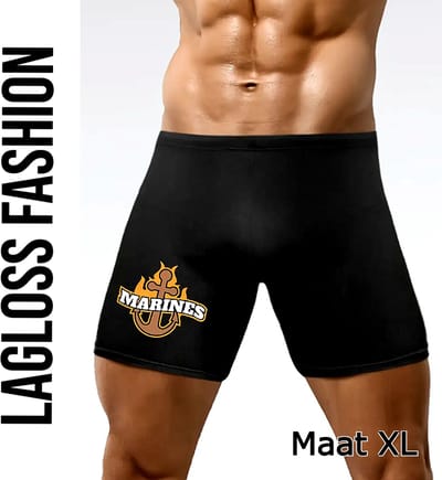 LaGloss® Heren Slim-Fit Zwemshort Zwart – Elastische Zwembroek met Marines Print – Maat XL