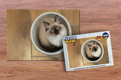 Puzzel Een Ragdoll kat in een plastic emmer - Legpuzzel - Puzzel 1000 stukjes volwassenen