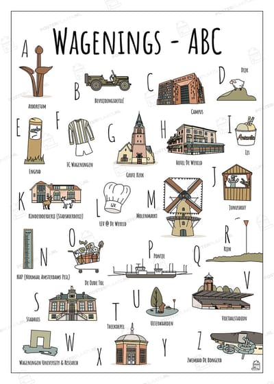 ABC Poster Wageningen - 50 x 70 cm - Educatieve Letterposter met Handgetekende Illustraties - Kinderkamer & Wanddecoratie - Woondecoratie - Relatiegeschenk