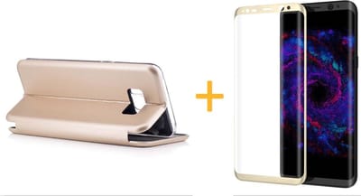 Hoesje geschikt voor Samsung Galaxy S8 - Kunstlederen Wallet Case Goud + Screenprotector Goud (3D) - Portemonnee Hoesje met Magneet sluiting - Book Case - Flip Cover - Klap - 360 beschermend Telefoonhoesje (Gold)