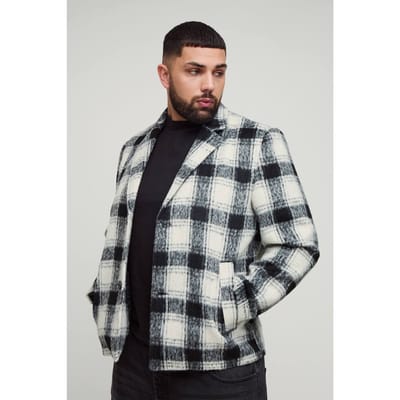 Plus Boxy Oversized Geborstelde Geruite Overjas | Black | Size 2XL
