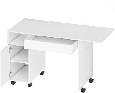 Inklapbaar Bureau - Met Wielen – Computerbureau -Uitschuifbaar Bureau met Opbergruimte –Thuiswerk Bureau – Opklapbaar Bureau voor Kleine Ruimtes – Wit