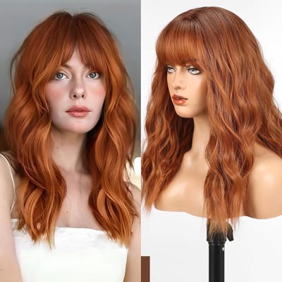 SnelShoppen - Lange Pruik met Pony Synthetische Golvende Damespruiken, Kleur Ginger, Voor Feest, Cosplay, en Dagelijks Gebruik