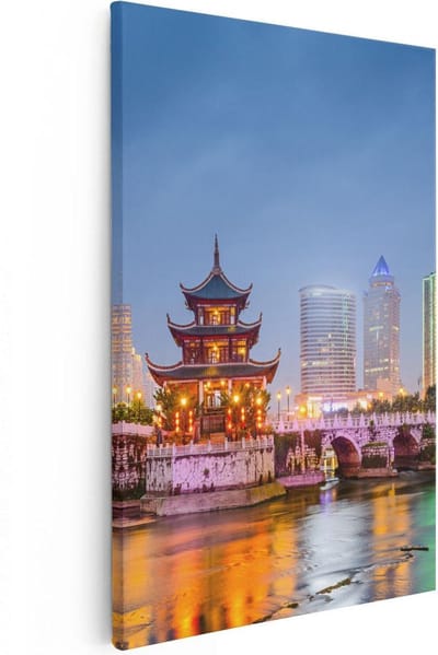 Artaza Canvas Schilderij Stad - 20x30 cm - Klein - Wanddecoratie China - Muurdecoratie Pagode Verlicht - Kamer Accessoires