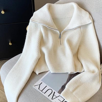 Trui met halve rits voor dames in herfst en winter Losse lazy revers trui Nieuwe Koreaanse stijl kort topje one size fits all beige