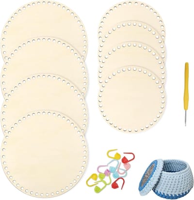 Set van 8 Haakmand Bodems - 4x Ø10cm, 4x Ø15cm - Houten Bodems voor DIY Projecten met Haaknaald en Marker Clips