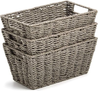 Set van 3 papieren touw geweven rieten opbergmanden bakken met handgrepen - multifunctionele organizer container grijs
