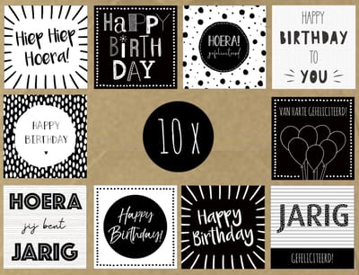 10 hippe verjaardagskaarten / felicitatiekaarten / wenskaarten / set kaarten met kraft enveloppen | jarig / verjaardag