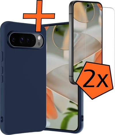 Hoes - Met 2x Screenprotector - Geschikt voor Google Pixel 9 Pro - Sterk & Shockproof - Back Cover - Siliconen Case - Telefoon Hoes - Donkerblauw