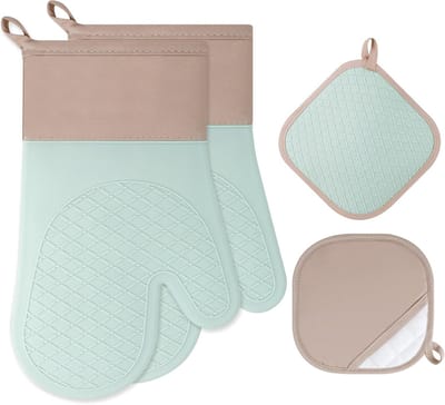 Ovenwanten, keukenhandschoenen, 1 paar en 2 pannenlappen, duurzame keukenhandschoenen voor braden, bakken, grillen, bakken, lichtgroen