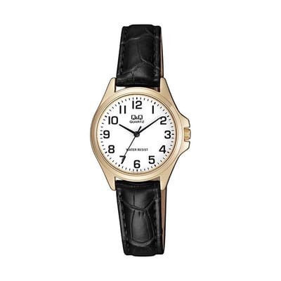Q&Q QA07J104Y - Horloge - Analoog - Vrouwen - Dames - Leren band - Rond - Metaal - Cijfers - Zwart - Goudkleurig - Wit - 3 ATM