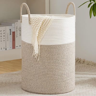 Handgemaakte Witte en Bruine Wasmand, Gevlochten Opbergmand voor Speelgoed met Handvat, Ideaal voor Organisatie en Decoratie