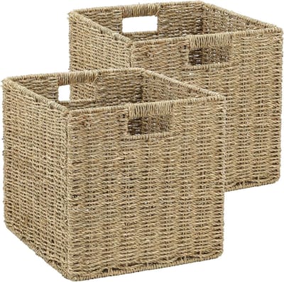 Gevlochten, Set Van 2 handgeweven opbergmanden voor planken met handgrepen, opvouwbare opbergbakken,voor kallax mand, waskamer, woonkamer, kinderkamer 28x28x28cm Natuurkleur