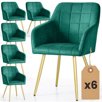 Set van 6 Eetkamerstoelen LUXANO met Armleuningen / Gestoffeerde Stoelen / Fluwelen Stoelen en Metalen Poten / Flesgroen met gouden benen