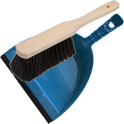 Stoffer en blik blauw van kunststof/hout met lip voor binnen - Zachte borstel/handveger