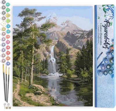Figured'Art Schilderen op Nummer Volwassenen canvas Waterval bij de berg - Handwerk acrylverf Kit DIY Compleet - 40x50cm zonder frame