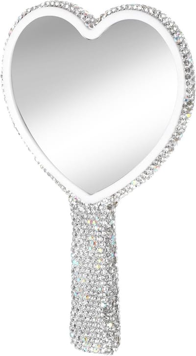 Grote hartvormige handspiegel met handvat 6,3x4,3 inch Glitter Strass handspiegel Draagbare reismake-up wimperspiegel voor vrouwen Bruiloft Verjaardag Valentijnsdag Cadeau