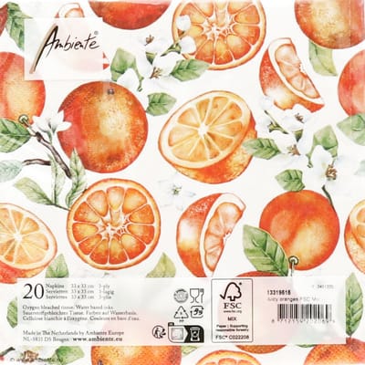 Ambiente Tafel diner servetten - Fruit Sinaasappels thema - 20x stuks - 33 x 33 cm - Zomer/Gezondheid/Cocktails