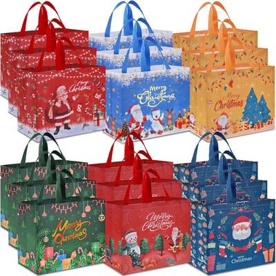 Extra Large Christmas Bags voor Cadeaus - 18pcs Herbruikbare Kersttassen met Handvatten - Multipack Non-Woven Kerstbehandelingen - Winkeltassen voor Cadeaus en Kerstfeestdecoraties - 40 x 36 x 15