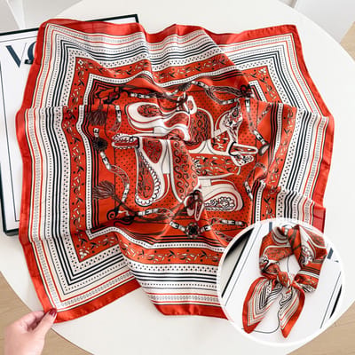 Dames Sjaal - Sjaals - Stola - Vierkante doek - Elegant Stijlvol Dames haar sjaal - Satijn zijde - Hals sjaaltje - Sjaaltje Satijn - Neksjaaltje - Omslagdoek Modesjaals - Neksjaal - Klein Sjaaltje -Barokke zadel - oranje wit-70*70CM
