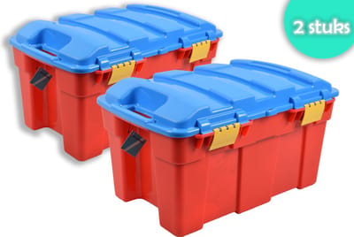 Opbergmand 2 stuks in de verpakking - Stevige opberger 40L | Rood & Blauw opbergbox | kofferbak kinderspelgoed gereedschap lego |Boeken Opbergdoos Scharnierend deksel