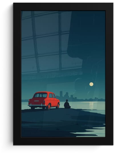 Poster in lijst - Fotolijst 20x30 cm - Posters - Auto - Volle maan - Uitkijkend over water - Posterlijst zwart - Decoratie - Wanddecoratie woonkamer - Muurdecoratie slaapkamer