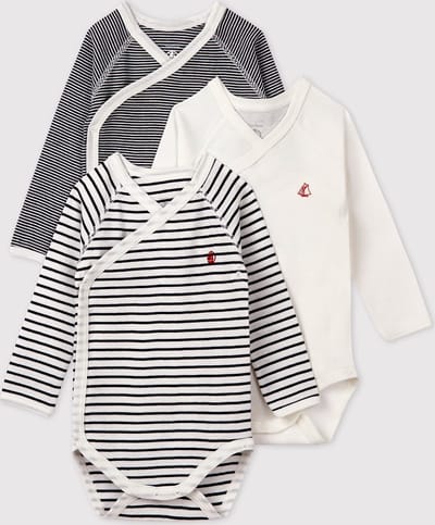 Petit Bateau Trio van babyrompertjes met lange mouwen Unisex Rompertje - Wit/Blauw + Blauw/Wit + Wit