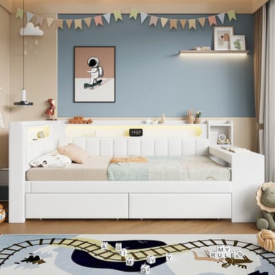 Gestoffeerde slaapbank 90x200 cm met USB-poort en LED-riem met bureau en 2 lades - wit - zonder matras