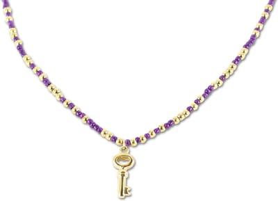 CO88 Collection 8CN-26299 Stalen Ketting met Kralen - Dames - Goudkleurig - 3 mm - paars - 2,5 mm - Sleutel - 17 mm - Lengte 38 + 7 cm