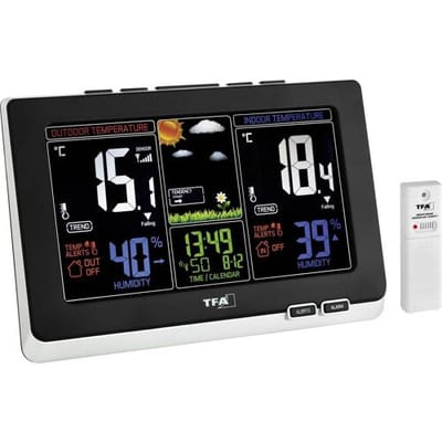 TFA Dostmann 35.1129.01 - Weerstation - Digitaal - Binnen- en buitentemperatuur - Binnen- en buitenvochtigheid - Radiogestuurde tijdsaanduiding - Temperatuuralarm - Weerverwachting - Datumaanduiding - Kleurendisplay - 7 talen - Zwart - Wit