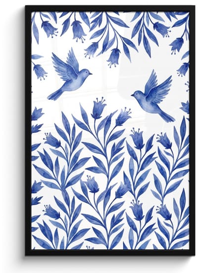 Poster in lijst - Fotolijst 60x90 cm - Posters - Modern - Vogels - Delfts - Blauw - Posterlijst zwart - Decoratie - Wanddecoratie woonkamer - Muurdecoratie slaapkamer