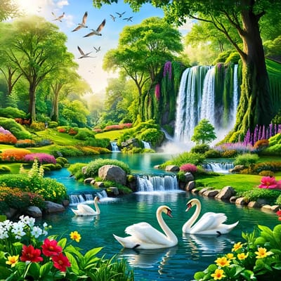 diamond painting zwanen vijver en waterval zeer fraai schiklderij 30 x 30 cm