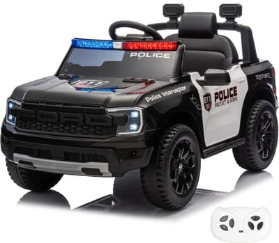 Ford Raptor Full Option Elektrische Politieauto 1 tot 5 jaar – Officieel Gelicentieerd Accuvoertuig met Sirene Speaker, Politieverlichting & Bluetooth – 12V Kinderauto met Afstandsbediening, Lederen Zitje & Soft-Start – Zwart