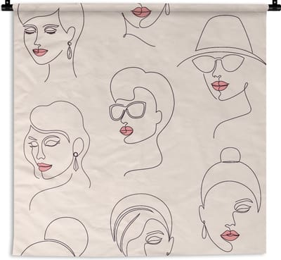 Wandkleed - Wanddoek - Vrouw - Line Art - Patronen - Pastel - 90x90 cm - Wandtapijt