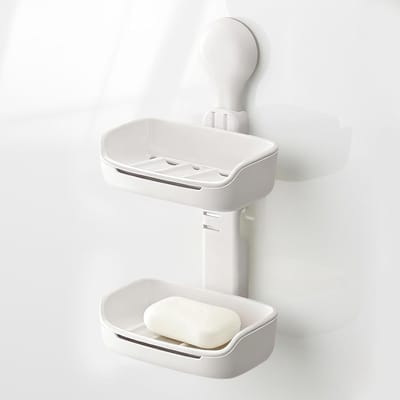 Zonder boren zeepdispenser met afvoer, wandmontage zeepbakje voor badkamer en keuken, eenvoudig te installeren, wit, geschikt voor douche en wastafel