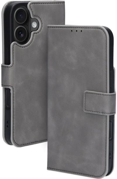Mobiparts hoesje geschikt voor Apple iPhone 16 - Wallet/Boekhoesje - Eco Leer - Magneet Sluiting - Opberg vakken - Grijs