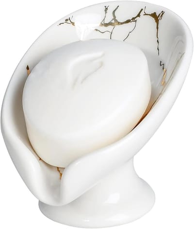 Ceramische Zeepdispenser met Afvoer in Bladvorm - Vintage Witte Zeephouder voor Badkamer, Douche en Keuken, Houdt Zeep Droog en Fris