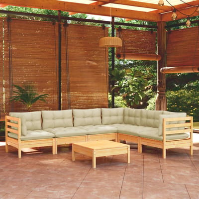 vidaXL - 7-delige - Loungeset - met - crèmekleurige - kussens - massief - grenenhout