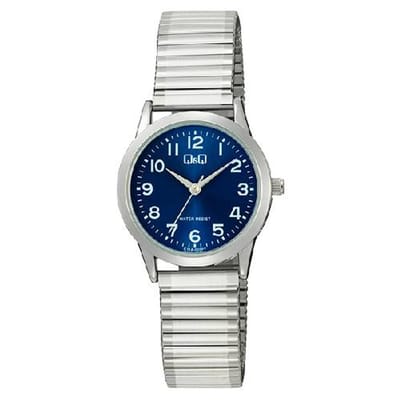 Q&Q-dameshorloge-model c11a-035py-blauwe wijzerplaat-rekbare band-diameter 30 mm-duidelijke wijzerplaat-hoog draagcomfort-3 atm waterdicht