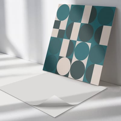 Wallfluent Vinyl Tegels - Geometrie van Vormen en Maten Wand PVC Tegels - 30 cm x 30 cm - Turkoois Vinyl Tegels - Verpakking van 9 stuks - Vierkant PVC Tegels - Abstractie Plaktegels - Vinyl Tegels Zelfklevend - Plaktegels Keuken en Badkamer