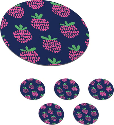 Onderzetters voor glazen - Rond - Patroon - Framboos - Retro - 10x10 cm - Glasonderzetters - 6 stuks