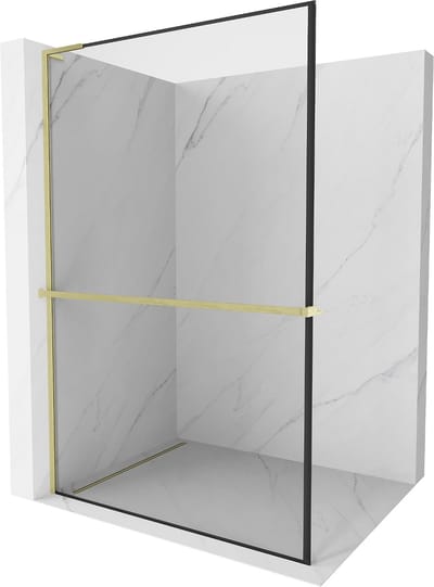 Mexen Kioto+ L douchescherm met plank Walk-in 50 x 200 , zwart frame, goud geborsteld - 800-050-123-55-70