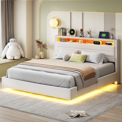Wishdor Gestoffeerd Bed 160x200 cm – Draaibaar Hoofdbord met Opbergruimte – USB en Kleurwisselende LED – Hydraulische Opbergruimte – Linnen – Beige