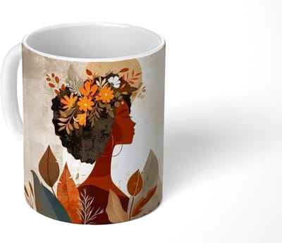 Mok - Koffiemok - Vrouw - Krullen - Bloemen - Beige - Mokken - 350 ML - Beker - Koffiemokken - Theemok