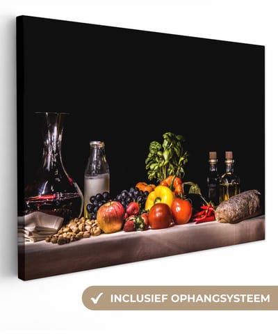 Stilleven schilderij - Eten en drinken - Tafel - Kleed - Wijn - Canvas stilleven - Schilderij stilleven - Wanddecoratie - 40x30 cm