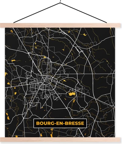 Posterhanger incl. Poster 40x40 cm - Schoolplaat - Kaart - Plattegrond - Frankrijk - Bourg-en-Bresse - Stadskaart - Textielposter - Blanke latten - Stadskaart