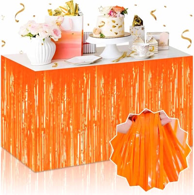 Daity 3-delige tafelrok met oranje foliekwastjes in macaronstijl, inclusief een krans/banner met metallic lint, 74 x 274 cm, geschikt voor tafeldecoraties, parades, verjaardagen, bruiloften, Koningsdag en kerstfeesten (oranje).