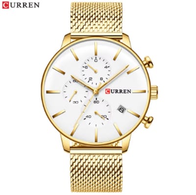 CURREN Horloge 8339 - Goudkleurig-Wit – Heren - Quartz - Kalender - Mesh Band - Luxe en Elegant